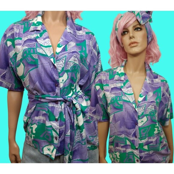 Vintage 80s Abstract Print Rayon Shirt Short Sleeve Button Up Belted Blouse Sz M - Picture 1 of 5
